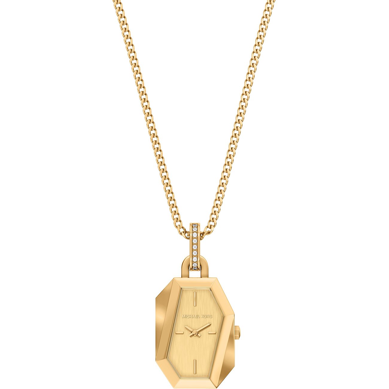 Die Michael Kors Uhr ist ein goldfarbenes Uhrband aus Edelstahl und hängt an einer Kette.