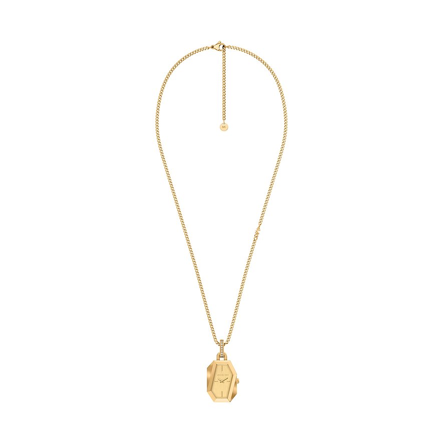 Michael Kors Uhrenband aus goldfarbenem Edelstahl mit facettiertem Anhänger und Kette.
