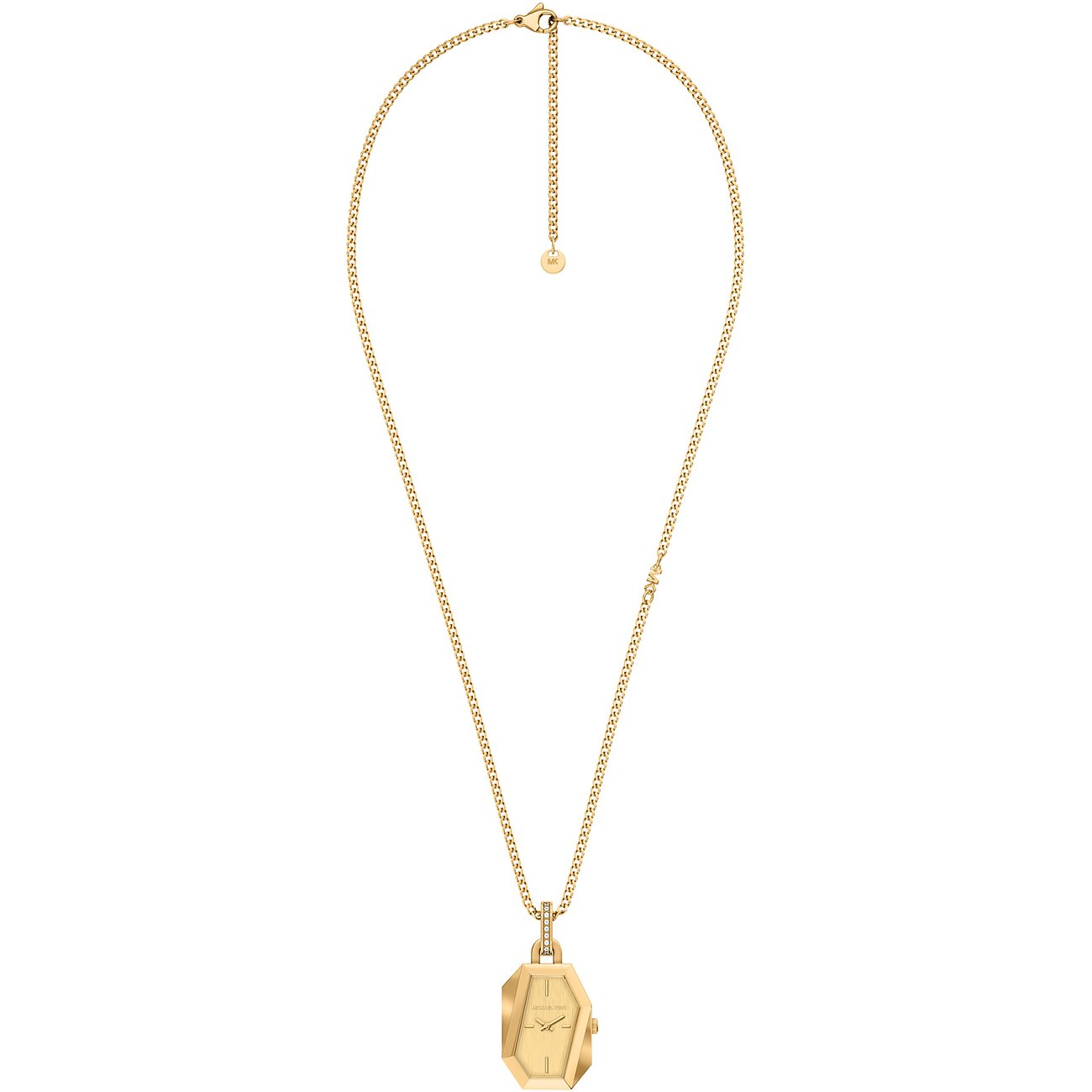 Michael Kors Uhrenband aus goldfarbenem Edelstahl mit facettiertem Anhänger und Kette.