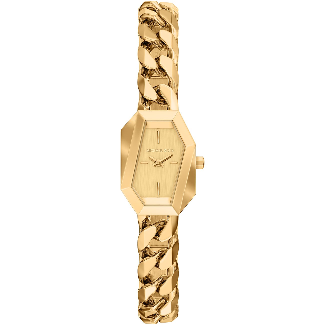 Michael Kors Damenuhr aus goldfarbenem Edelstahl mit sechseckigem Gehäuse und Gliederarmband.