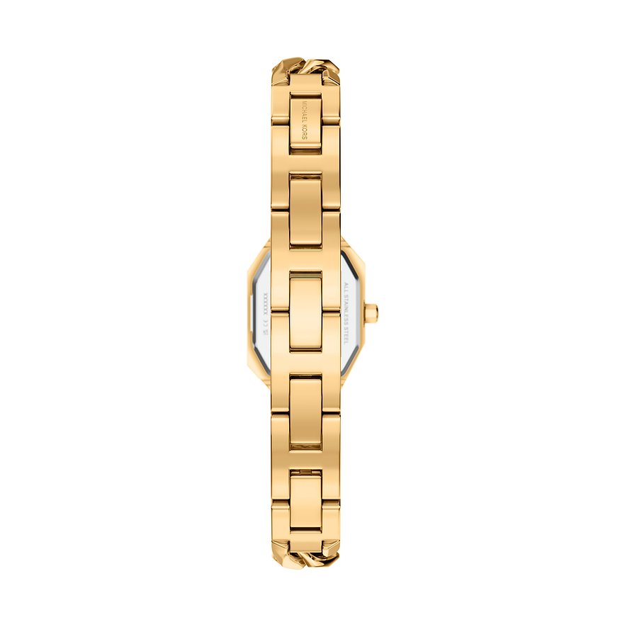 Rückansicht der Michael Kors Damenuhr aus goldfarbenem Edelstahl mit eingraviertem Michael Kors-Logo.