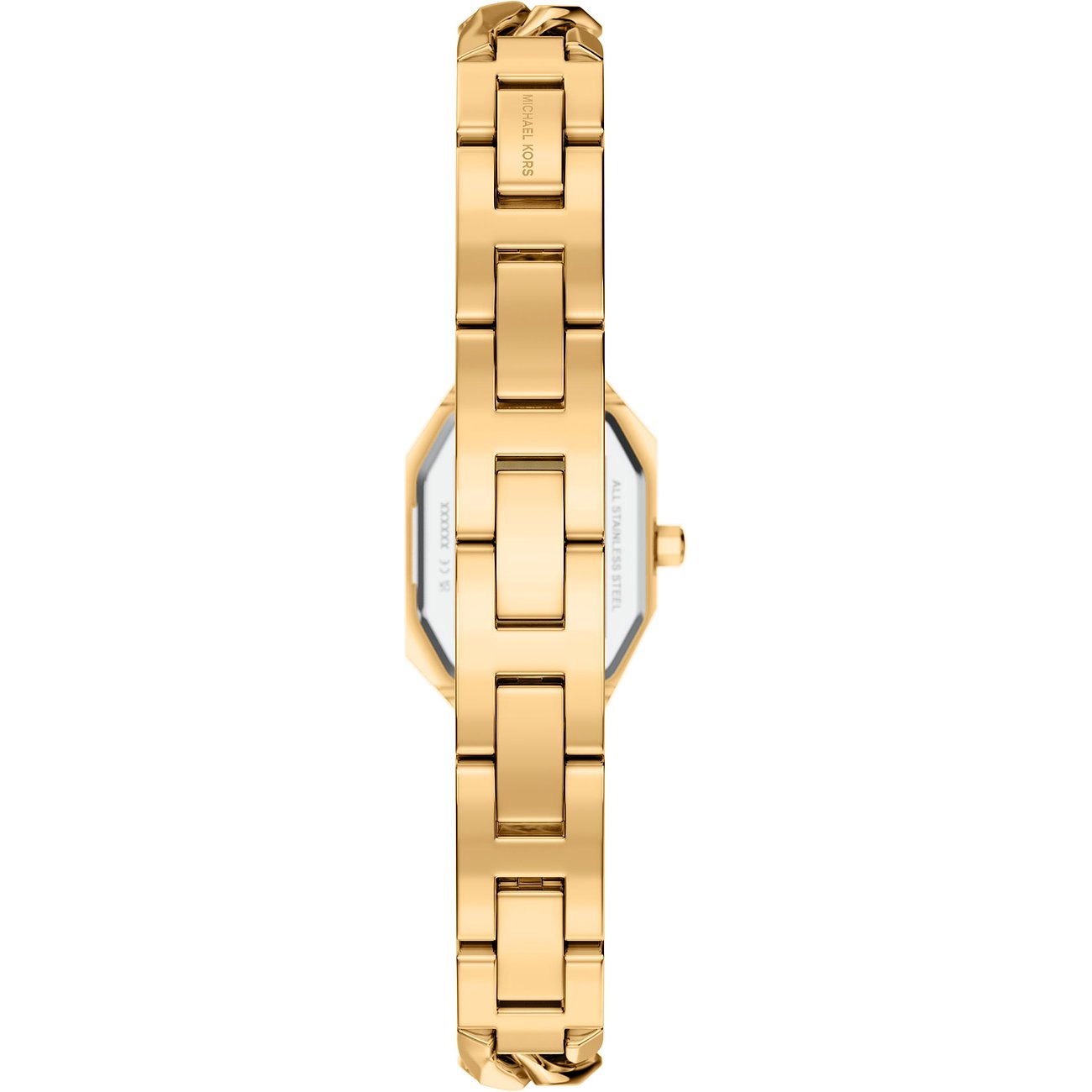 Rückansicht der Michael Kors Damenuhr aus goldfarbenem Edelstahl mit eingraviertem Michael Kors-Logo.