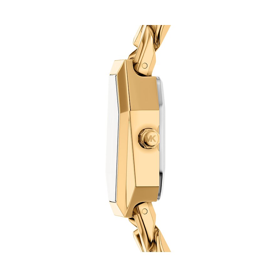 Seitenansicht einer Michael Kors Damenuhr aus goldfarbenem Edelstahl mit glänzender Oberfläche an der Krone.