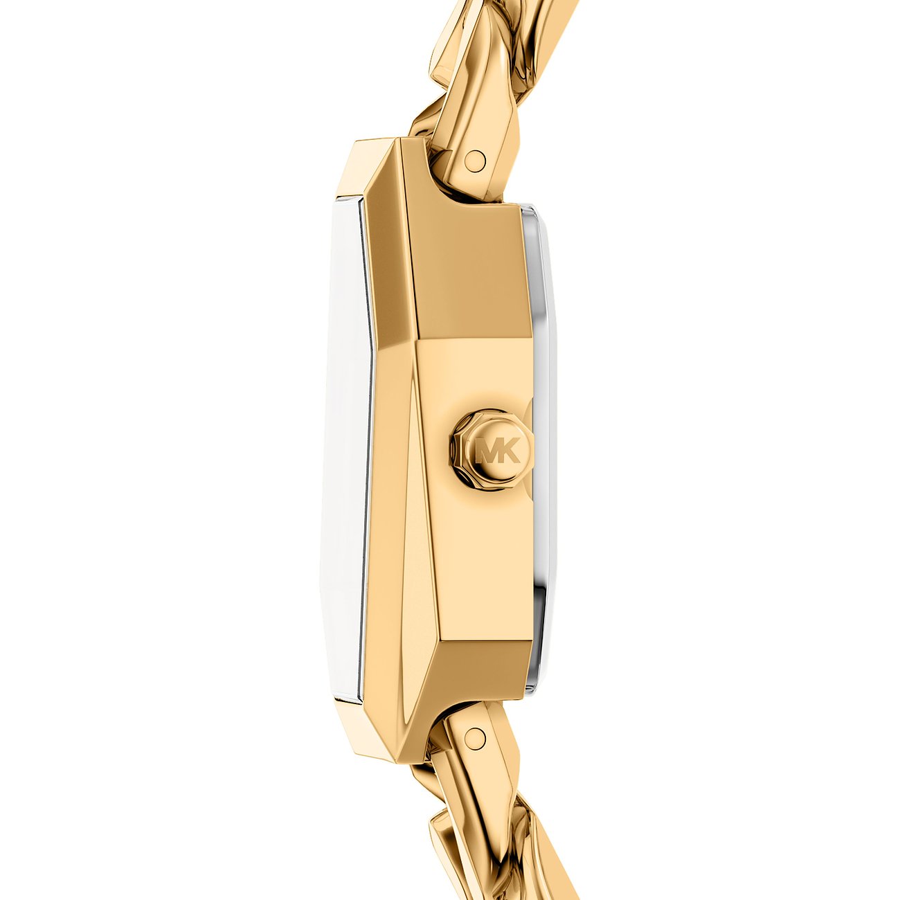 Seitenansicht einer Michael Kors Damenuhr aus goldfarbenem Edelstahl mit glänzender Oberfläche an der Krone.