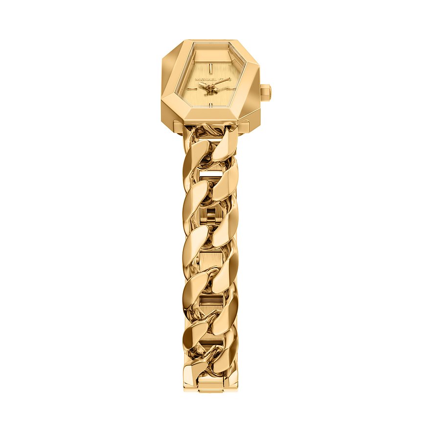 Michael Kors Damenuhr aus goldfarbenem Edelstahl mit eckigem Gehäuse und breitem Gliederarmband.