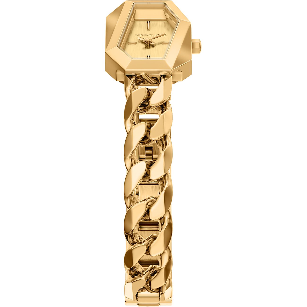 Michael Kors Damenuhr aus goldfarbenem Edelstahl mit eckigem Gehäuse und breitem Gliederarmband.