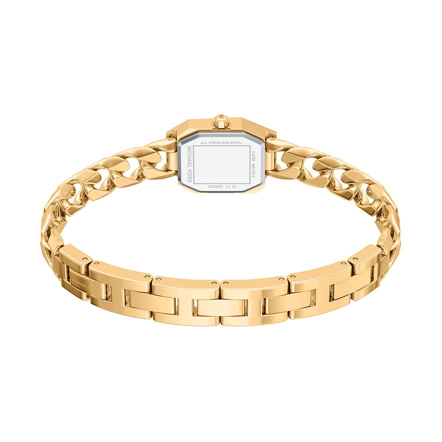 Rückansicht der Michael Kors Damenuhr aus goldenem Edelstahl, mit Gliederarmband und achteckigem Gehäuse.