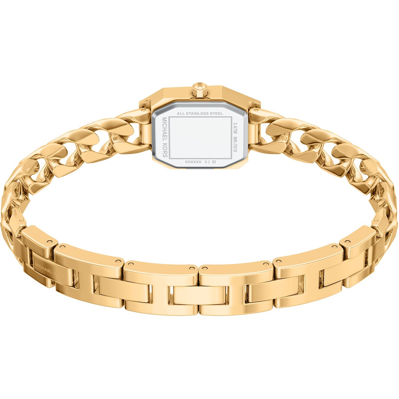 Rückansicht der Michael Kors Damenuhr aus goldenem Edelstahl, mit Gliederarmband und achteckigem Gehäuse.