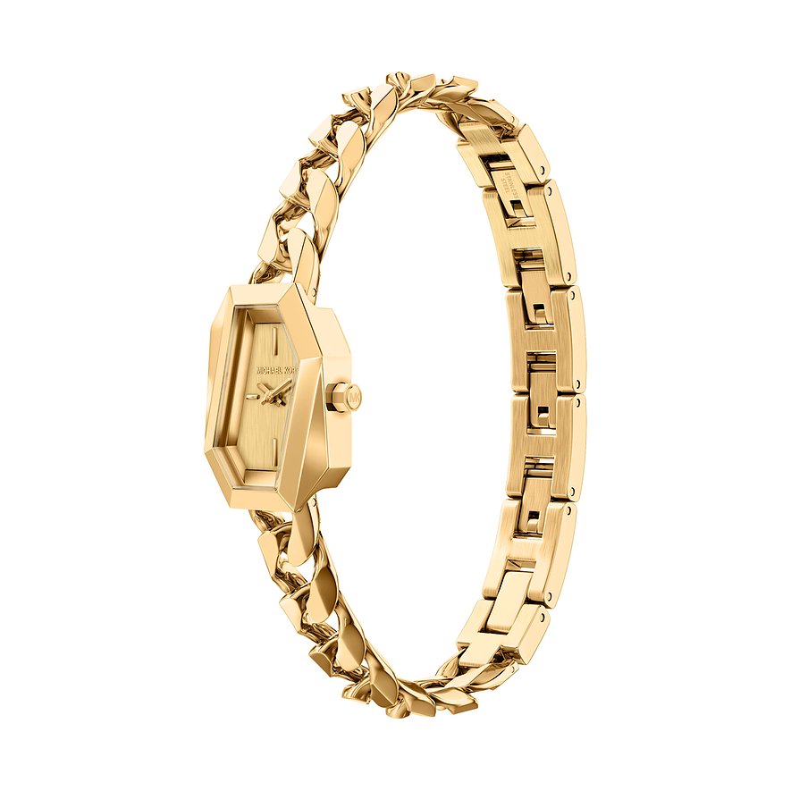 Michael Kors Damenuhr aus goldfarbenem Edelstahl mit achteckigem Zifferblatt und Gliederarmband.