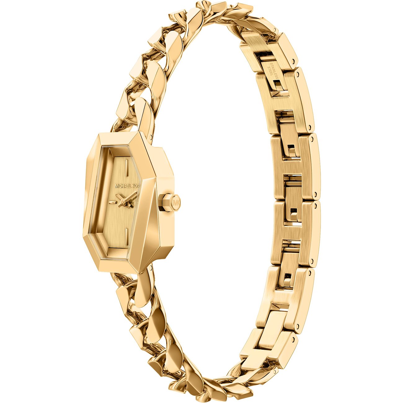 Michael Kors Damenuhr aus goldfarbenem Edelstahl mit achteckigem Zifferblatt und Gliederarmband.
