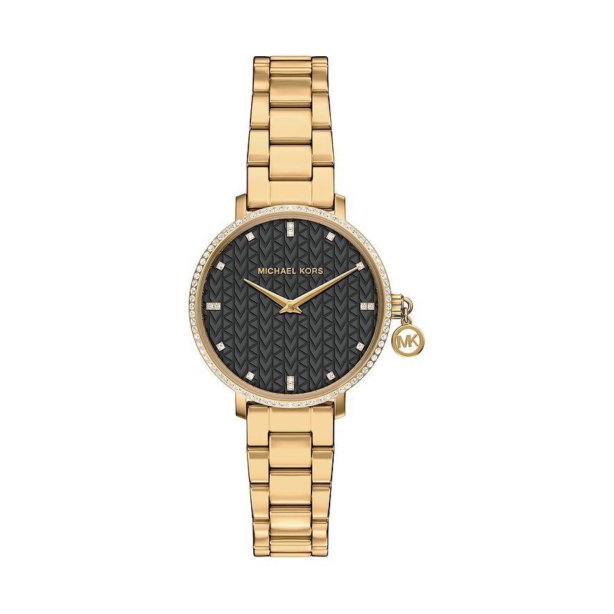 Orologio da donna Michael Kors in acciaio inossidabile color oro con quadrante nero e pietre scintillanti.