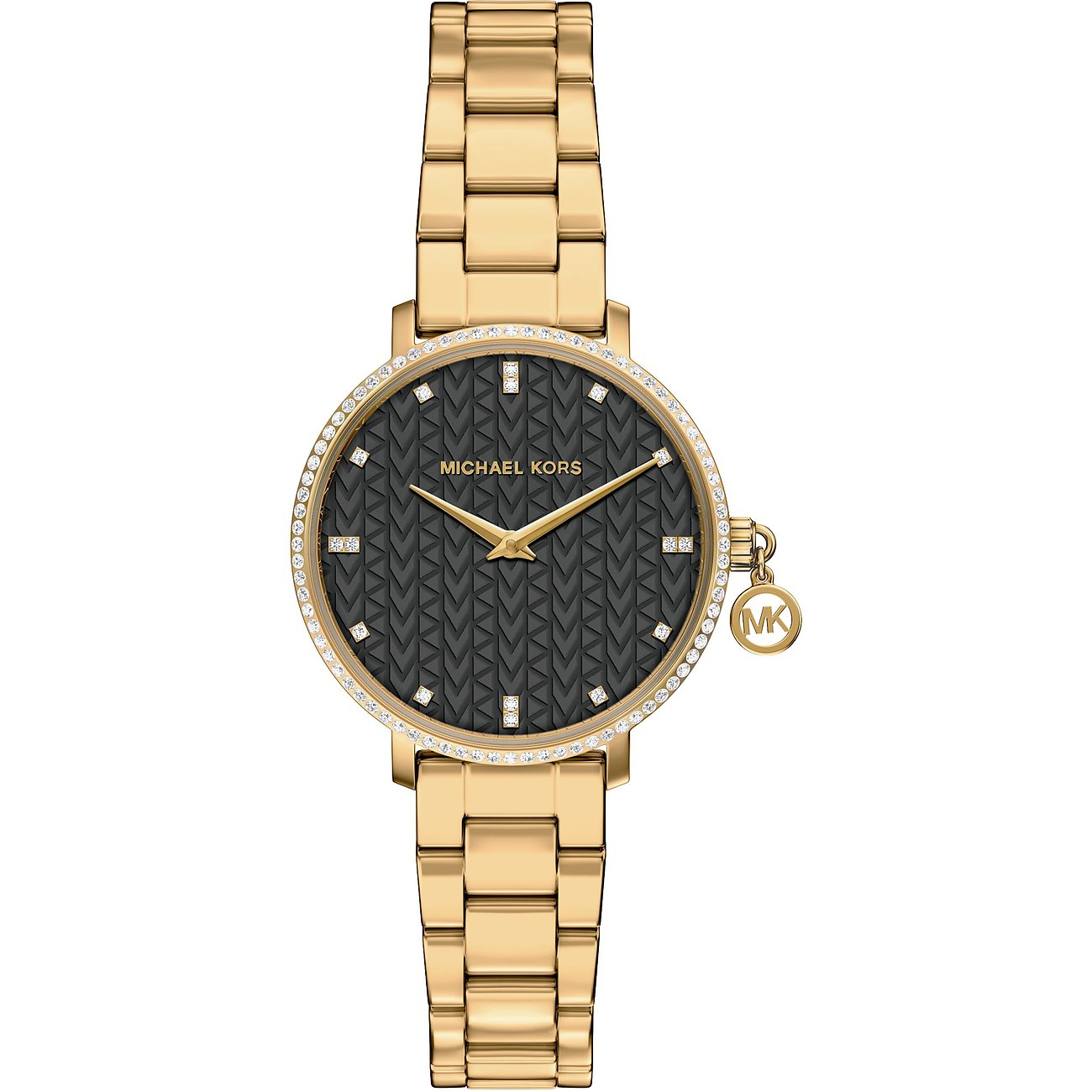 Orologio da donna Michael Kors in acciaio inossidabile color oro con quadrante nero e pietre scintillanti.
