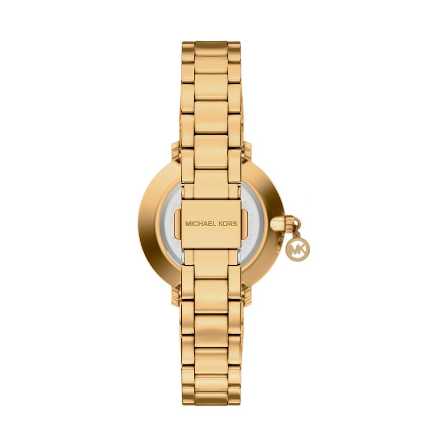 Vista posteriore orologio da donna Michael Kors in acciaio dorato, bracciale chiuso e logo inciso sulla chiusura.