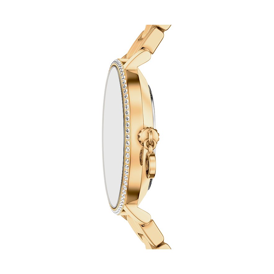 Vista laterale di un orologio Michael Kors da donna dorato in acciaio, con quadrante impreziosito da gemme chiare.