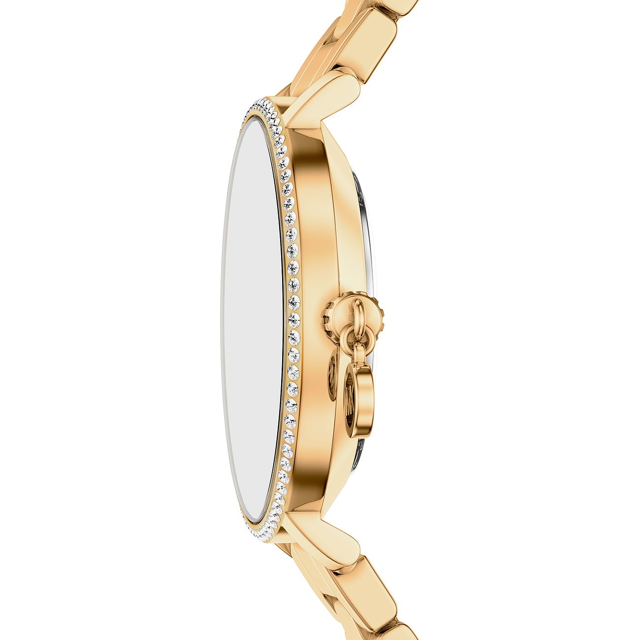Vista laterale di un orologio Michael Kors da donna dorato in acciaio, con quadrante impreziosito da gemme chiare.