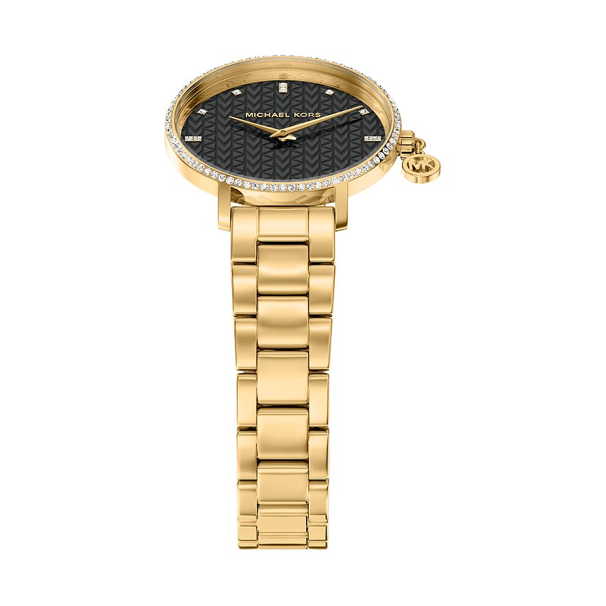 Orologio da donna Michael Kors in acciaio placcato oro, quadrante nero e pietre scintillanti.