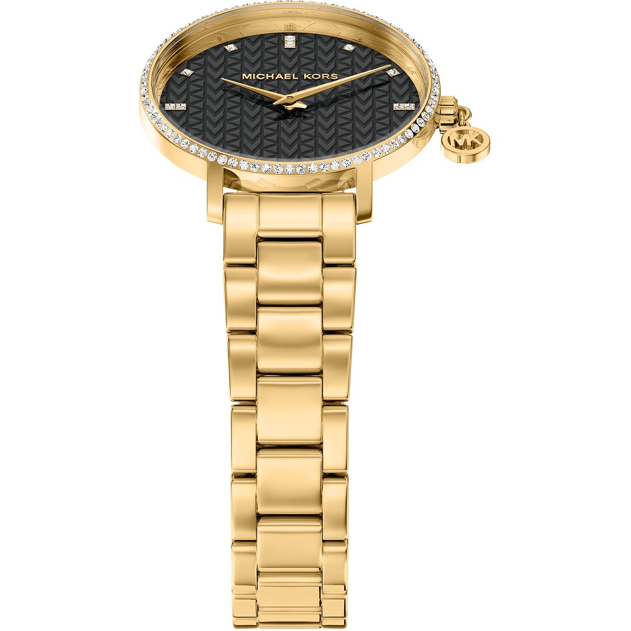 Orologio da donna Michael Kors in acciaio placcato oro, quadrante nero e pietre scintillanti.