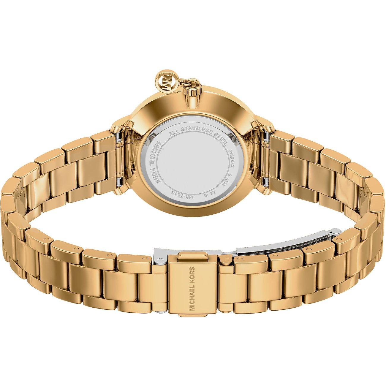 Dettagliata vista posteriore dell'orologio da donna Michael Kors in acciaio inossidabile color oro con bracciale chiuso.
