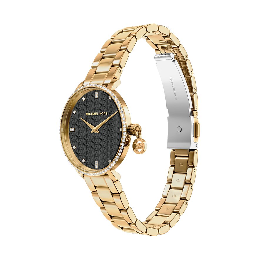 Orologio Michael Kors da donna in acciaio inossidabile color oro con quadrante nero e gemme scintillanti.