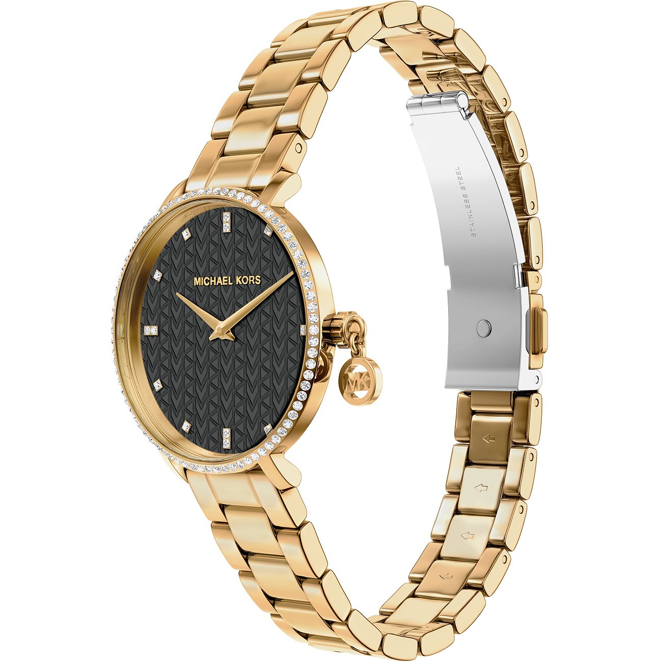 Orologio Michael Kors da donna in acciaio inossidabile color oro con quadrante nero e gemme scintillanti.