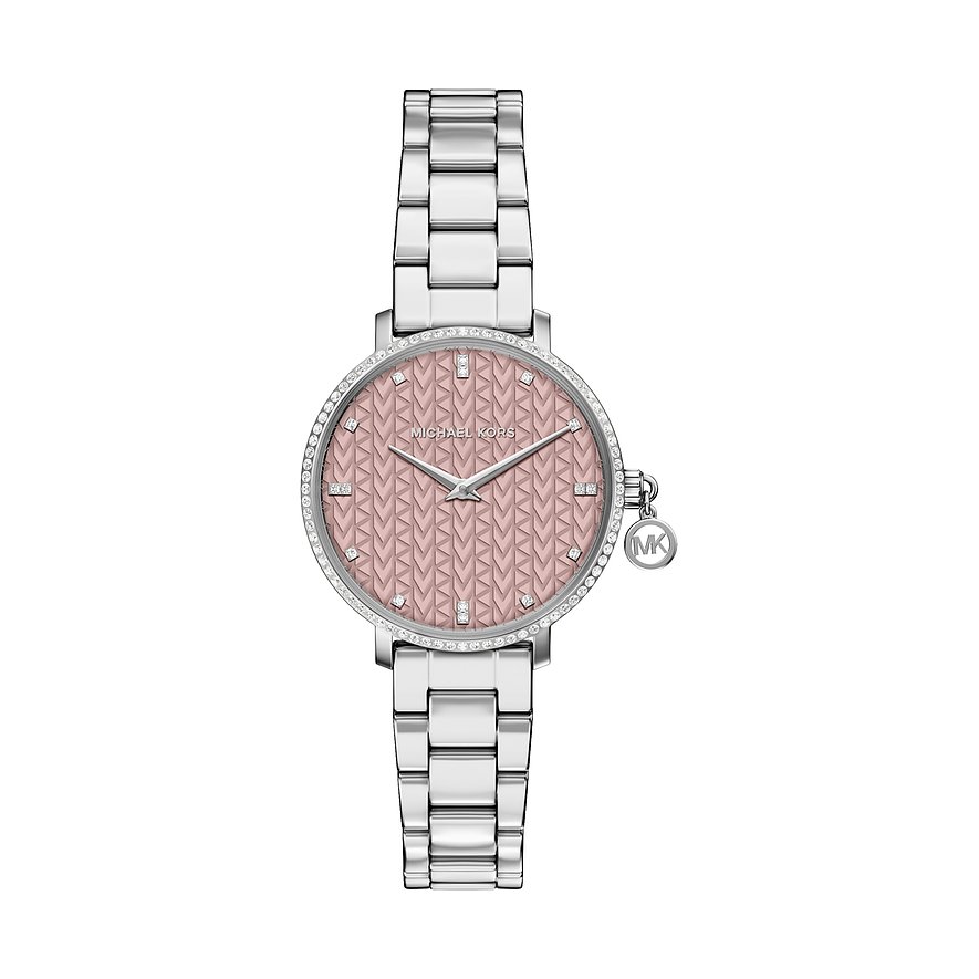 Orologio Michael Kors da donna, acciaio inossidabile, quadrante goffrato rosa e gioielli chiari sulla lunetta.