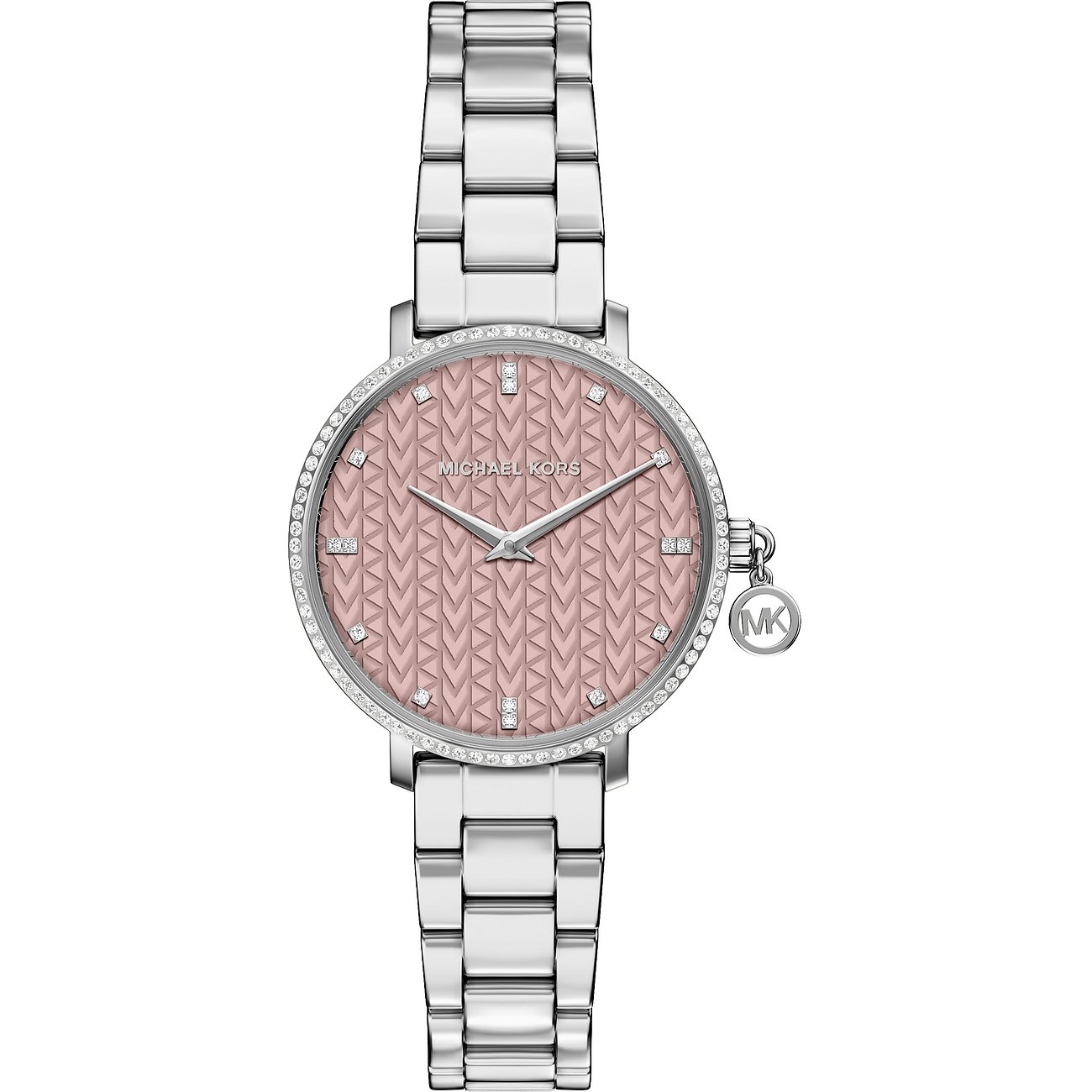 Orologio Michael Kors da donna, acciaio inossidabile, quadrante goffrato rosa e gioielli chiari sulla lunetta.