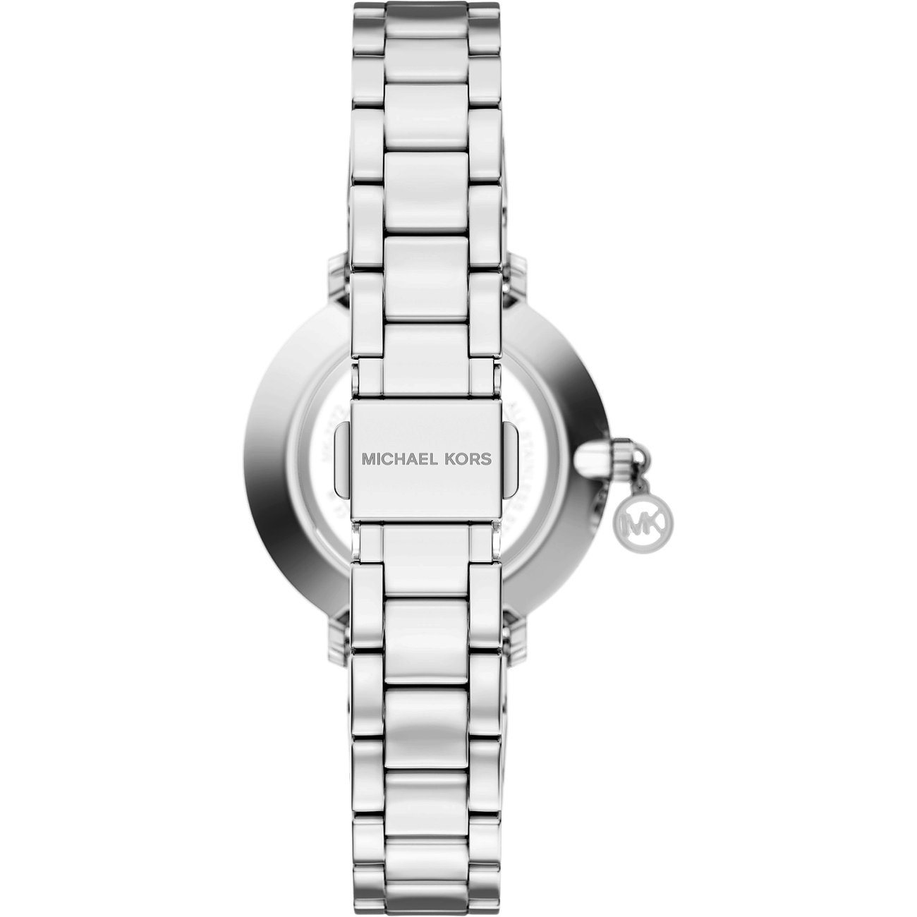 Vista posteriore di un orologio da donna Michael Kors in acciaio inossidabile lucido con un ciondolo logo MK laterale.