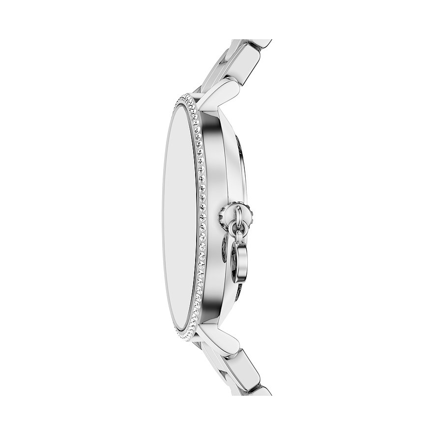 Vista laterale dell'orologio da donna Michael Kors in acciaio inossidabile lucido con pietre scintillanti sul quadrante.