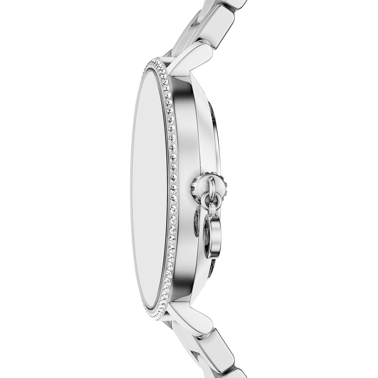 Vista laterale dell'orologio da donna Michael Kors in acciaio inossidabile lucido con pietre scintillanti sul quadrante.