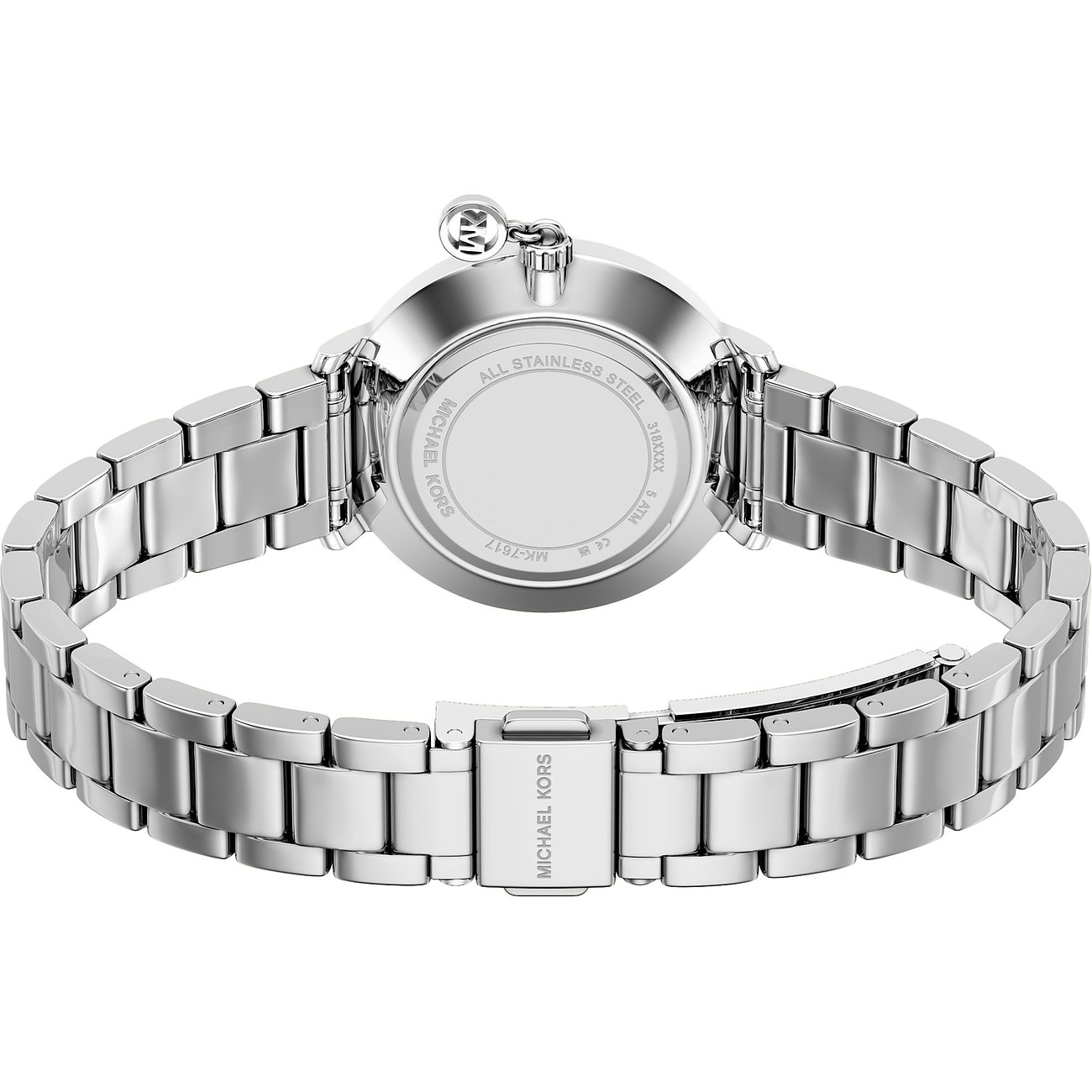 Vista posteriore di un orologio da donna Michael Kors in acciaio inossidabile con bracciale e cassa argentati.