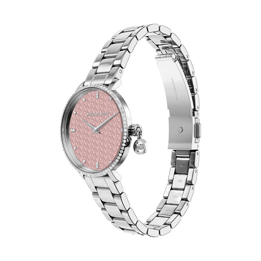 Orologio da donna Michael Kors in acciaio inox con quadrante rosa e gemme scintillanti.