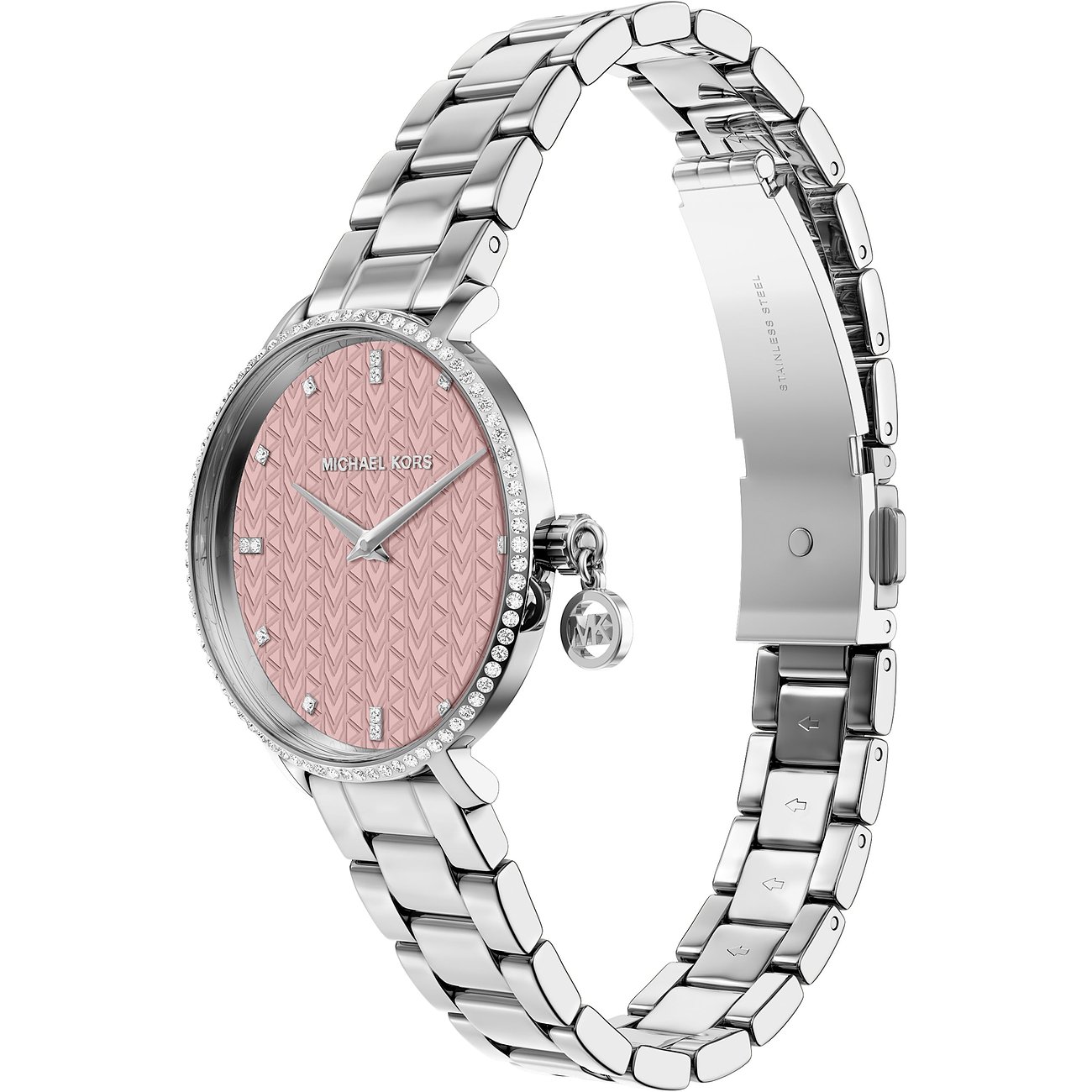 Orologio da donna Michael Kors in acciaio inox con quadrante rosa e gemme scintillanti.