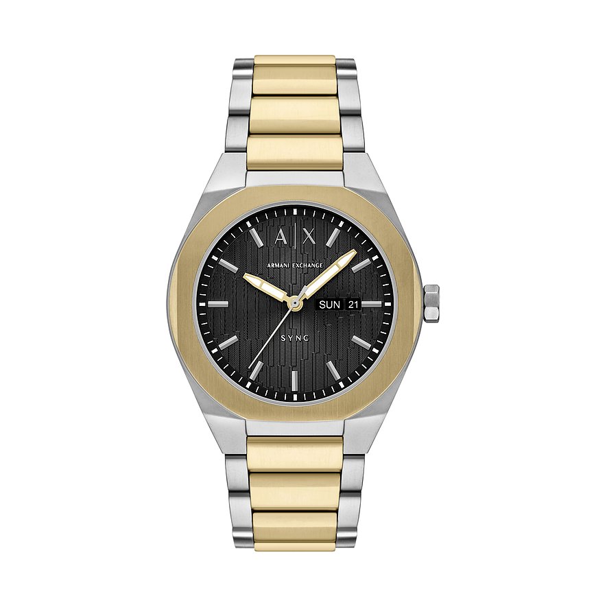 Armani Exchange Herrenuhr aus gold- und silberfarbenem Edelstahl mit schwarzem Zifferblatt und Datumsanzeige.