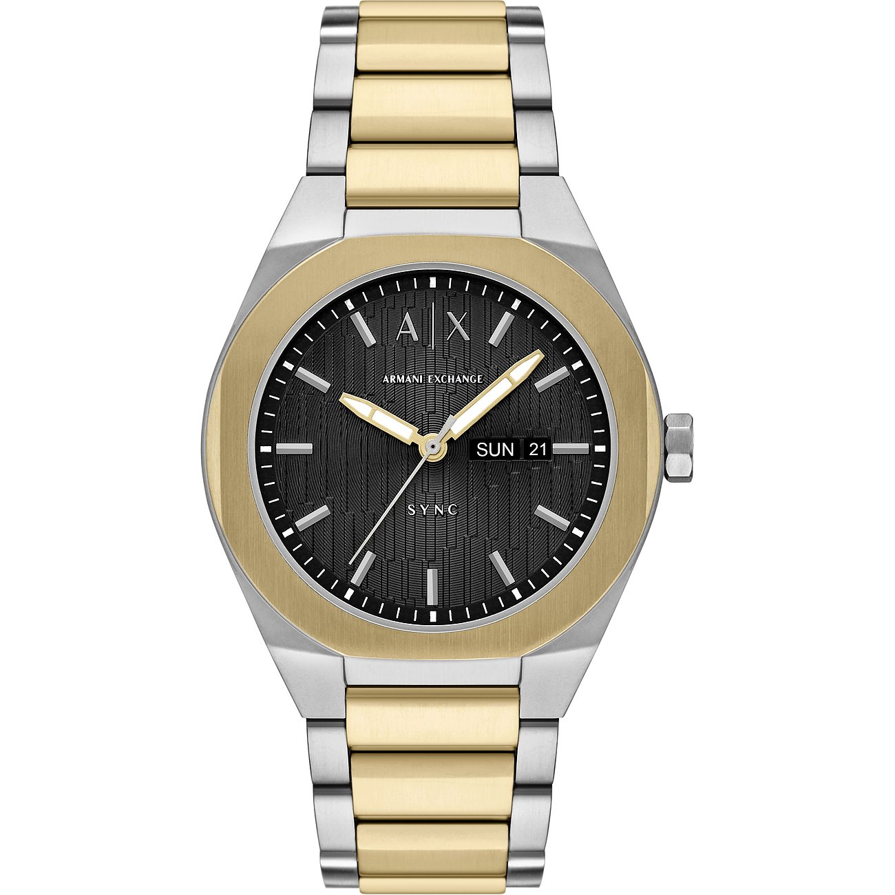 Armani Exchange Herrenuhr aus gold- und silberfarbenem Edelstahl mit schwarzem Zifferblatt und Datumsanzeige.