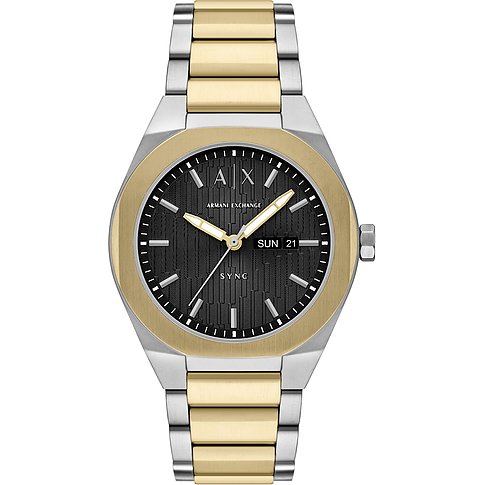 Armani Exchange herrklocka i guld- och silverfärgat rostfritt stål med svart urtavla och datumvisning.