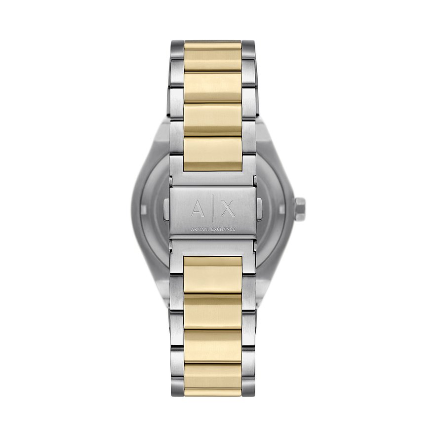 Rückansicht der Armani Exchange Herrenuhr aus Edelstahl, mit einem gold- und silberfarbenen Gliederarmband.