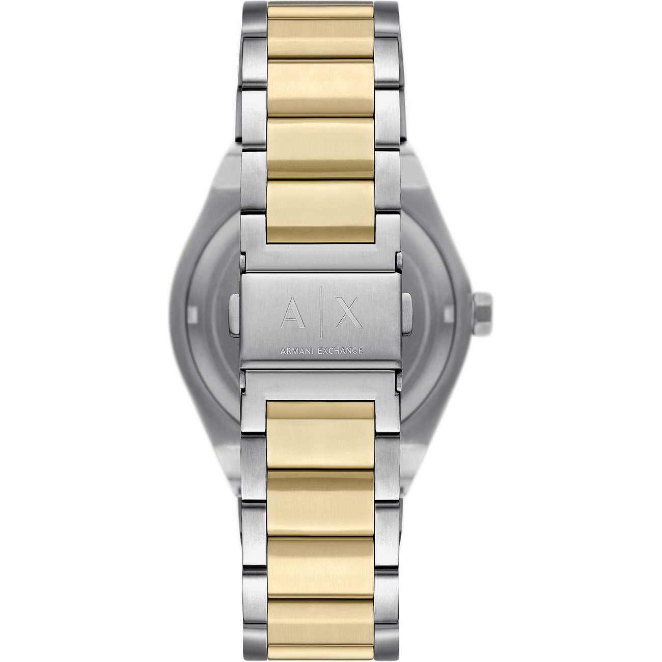 Rückansicht der Armani Exchange Herrenuhr aus Edelstahl, mit einem gold- und silberfarbenen Gliederarmband.