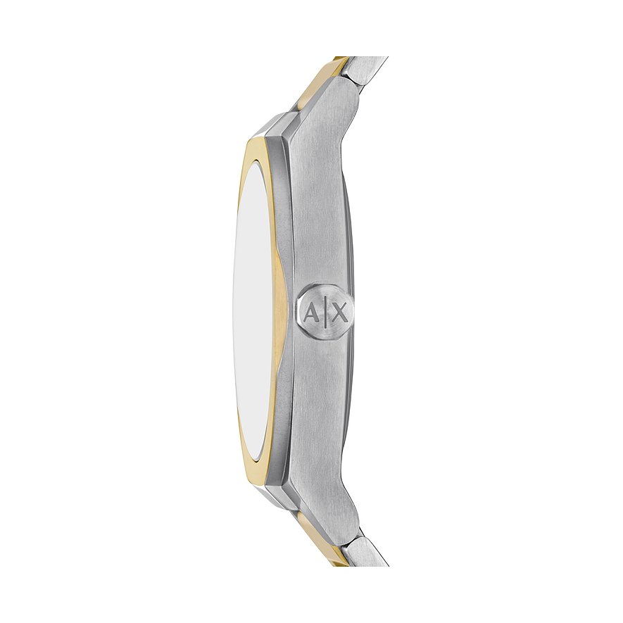 Armani Exchange Herrenuhr aus Edelstahl in Silber und Gold, die seitlich die Krone mit dem AX-Logo zeigt.