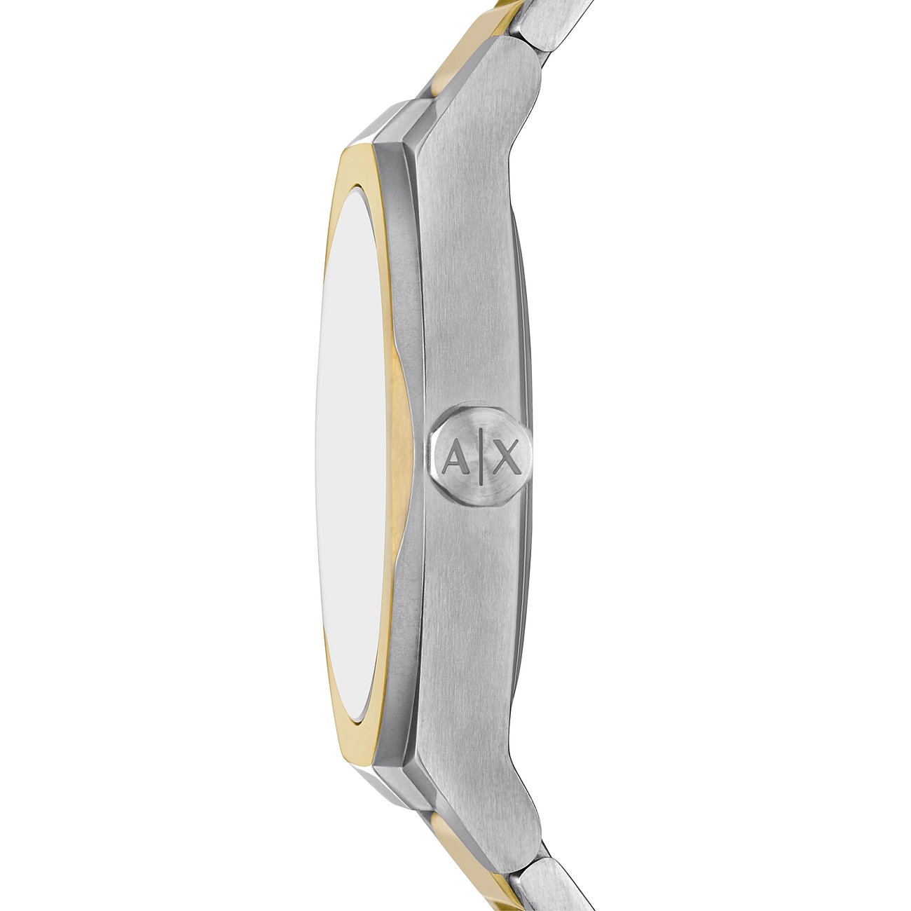 Armani Exchange Herrenuhr aus Edelstahl in Silber und Gold, die seitlich die Krone mit dem AX-Logo zeigt.