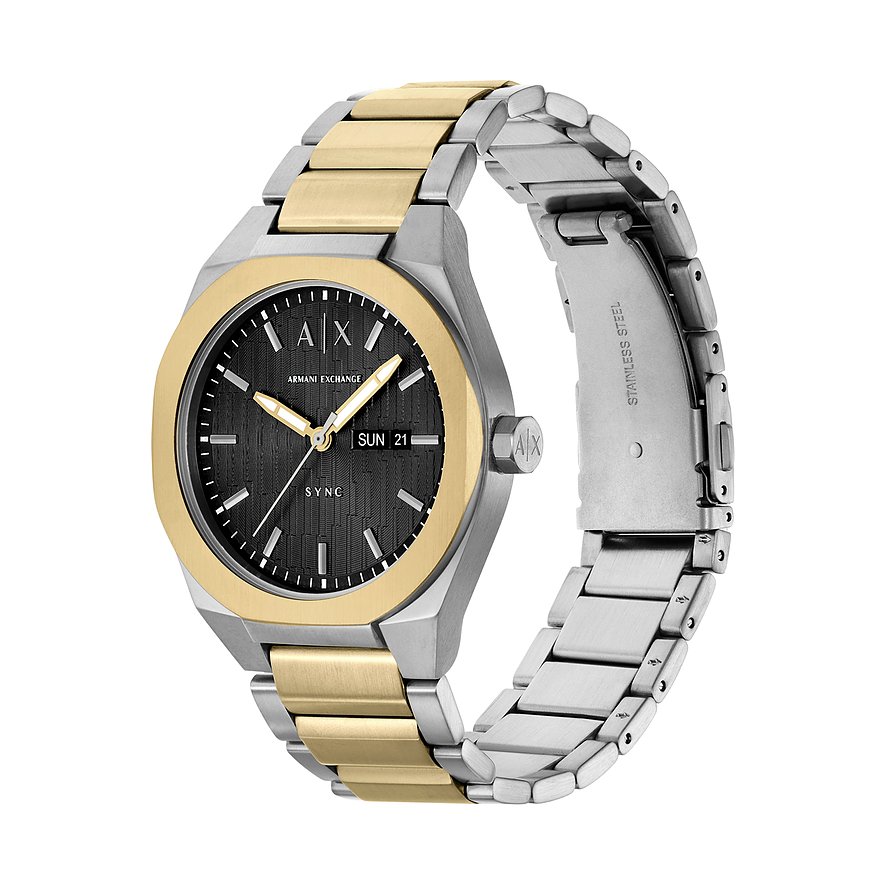 Armani Exchange Herrenuhr aus gold- und silberfarbenem Edelstahl mit schwarzem Zifferblatt und Datumsanzeige.