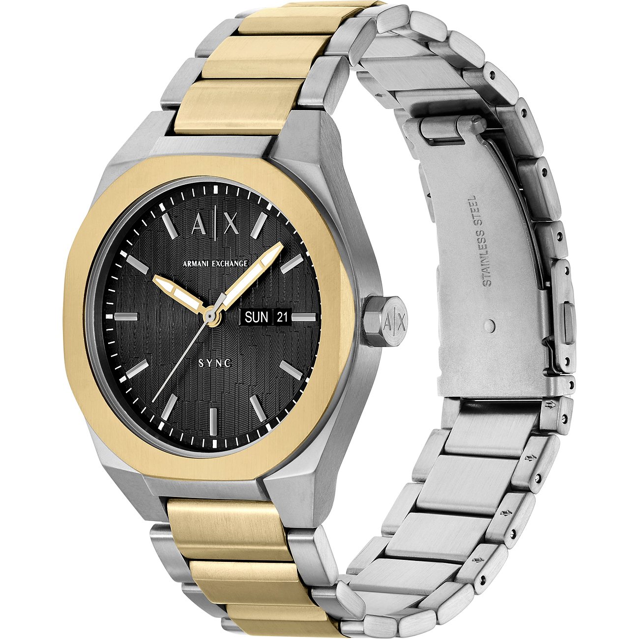 Armani Exchange Herrenuhr aus gold- und silberfarbenem Edelstahl mit schwarzem Zifferblatt und Datumsanzeige.