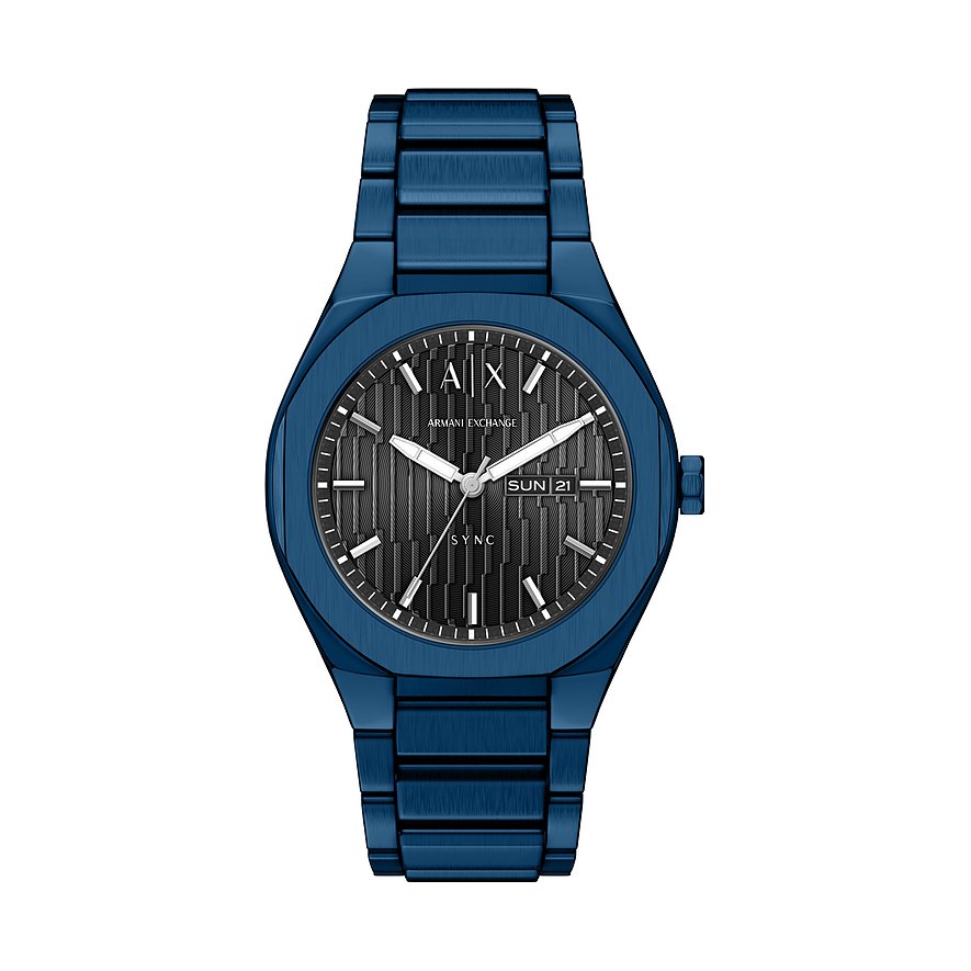 Armani Exchange Herrenuhr aus blauem Edelstahl mit strukturiertem schwarzem Zifferblatt und Datumsanzeige.