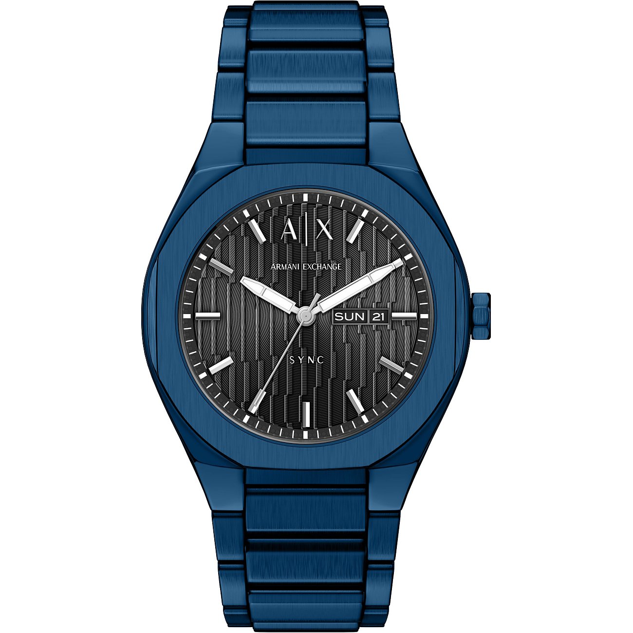 Armani Exchange Herrenuhr aus blauem Edelstahl mit strukturiertem schwarzem Zifferblatt und Datumsanzeige.