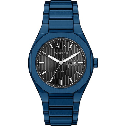 Armani Exchange herrklocka i blått rostfritt stål med texturerad svart urtavla och datumvisning.