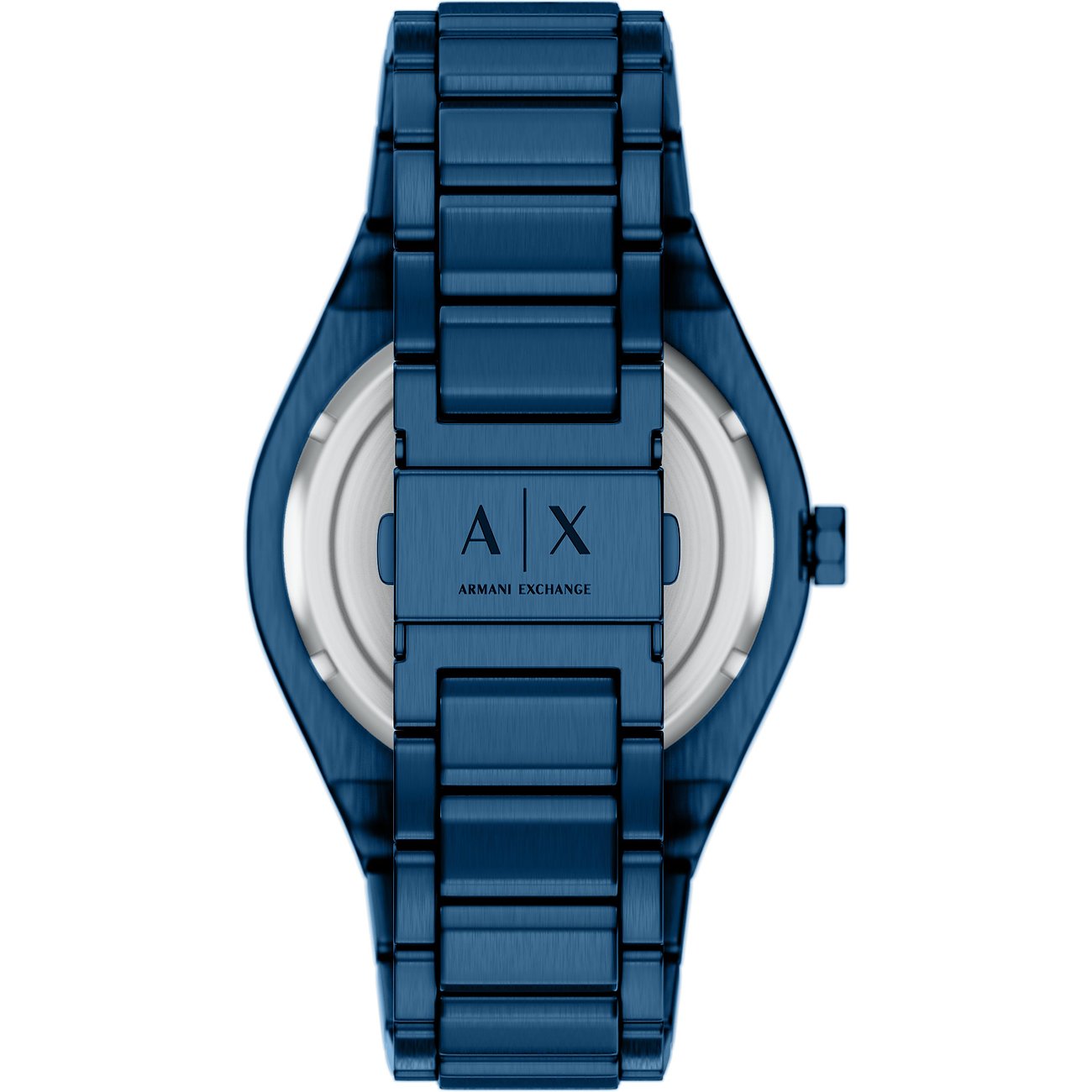 Rückseite einer Armani Exchange Herrenuhr aus blauem Edelstahl mit dem AX-Logo auf dem Verschluss.