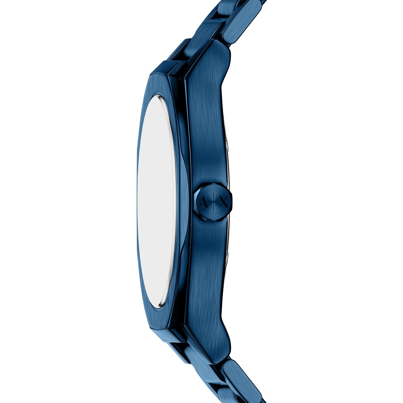 Seitenansicht einer Armani Exchange Herrenuhr aus blauem Edelstahlgehäuse und Armband, Krone sichtbar.