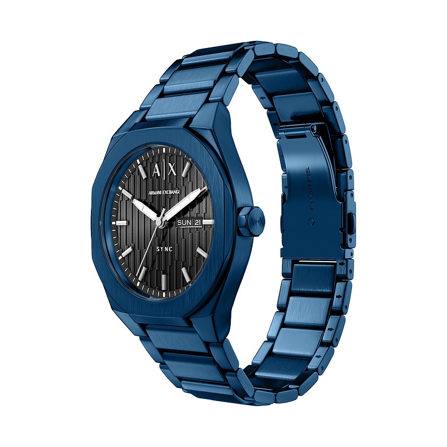 Armani Exchange Herrenuhr aus blauem Edelstahl mit einem dunkelgrauen Zifferblatt und Datumsanzeige.