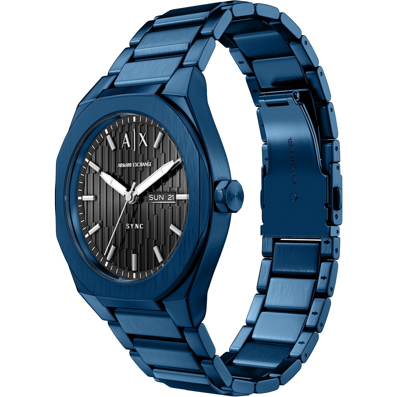 Armani Exchange Herrenuhr aus blauem Edelstahl mit einem dunkelgrauen Zifferblatt und Datumsanzeige.