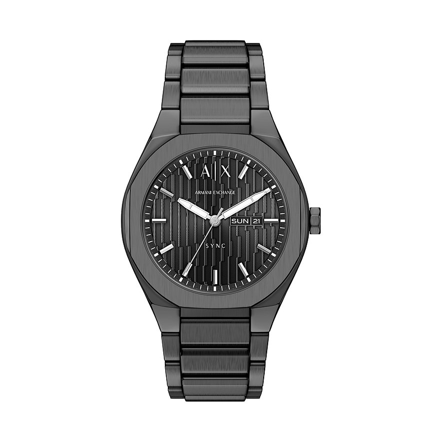 Armani Exchange Herrenuhr aus schwarzem Edelstahl, die das Zifferblatt, den Wochentag und das Datum anzeigt.