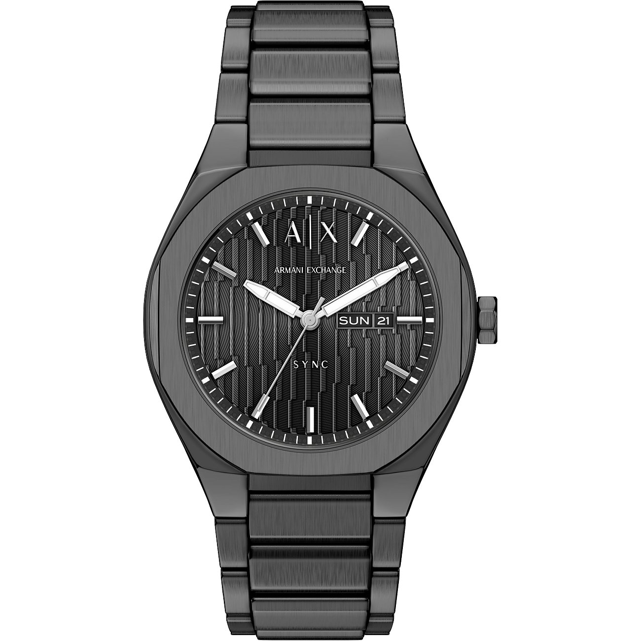 Armani Exchange Herrenuhr aus schwarzem Edelstahl, die das Zifferblatt, den Wochentag und das Datum anzeigt.